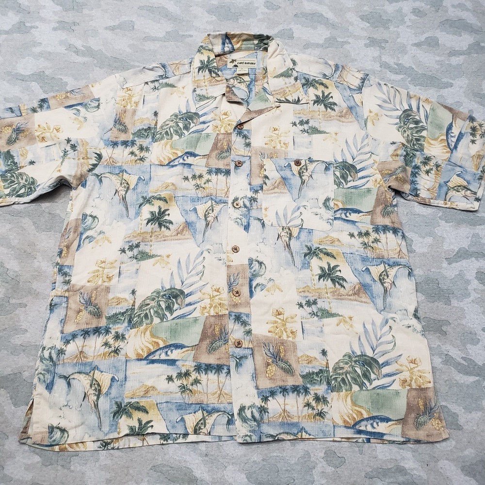 Cafe Havana Hawaiian Shirt Mens XL Tan Short Sleeve Button-Up Vacation Tropical